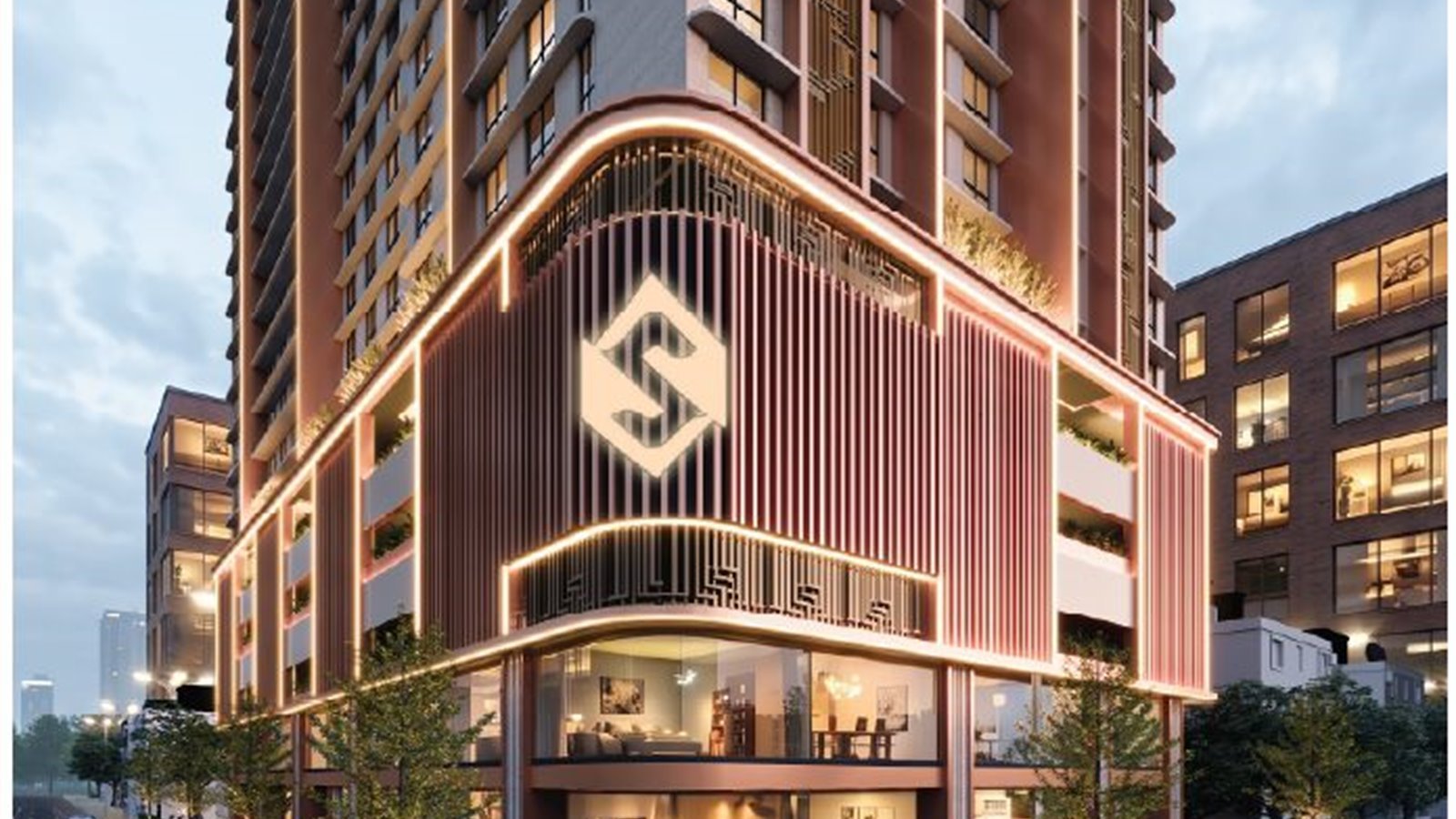 Illuminated podium and entrance of Sayba Aaramya, Charkop Kandivali West (artist's impression)